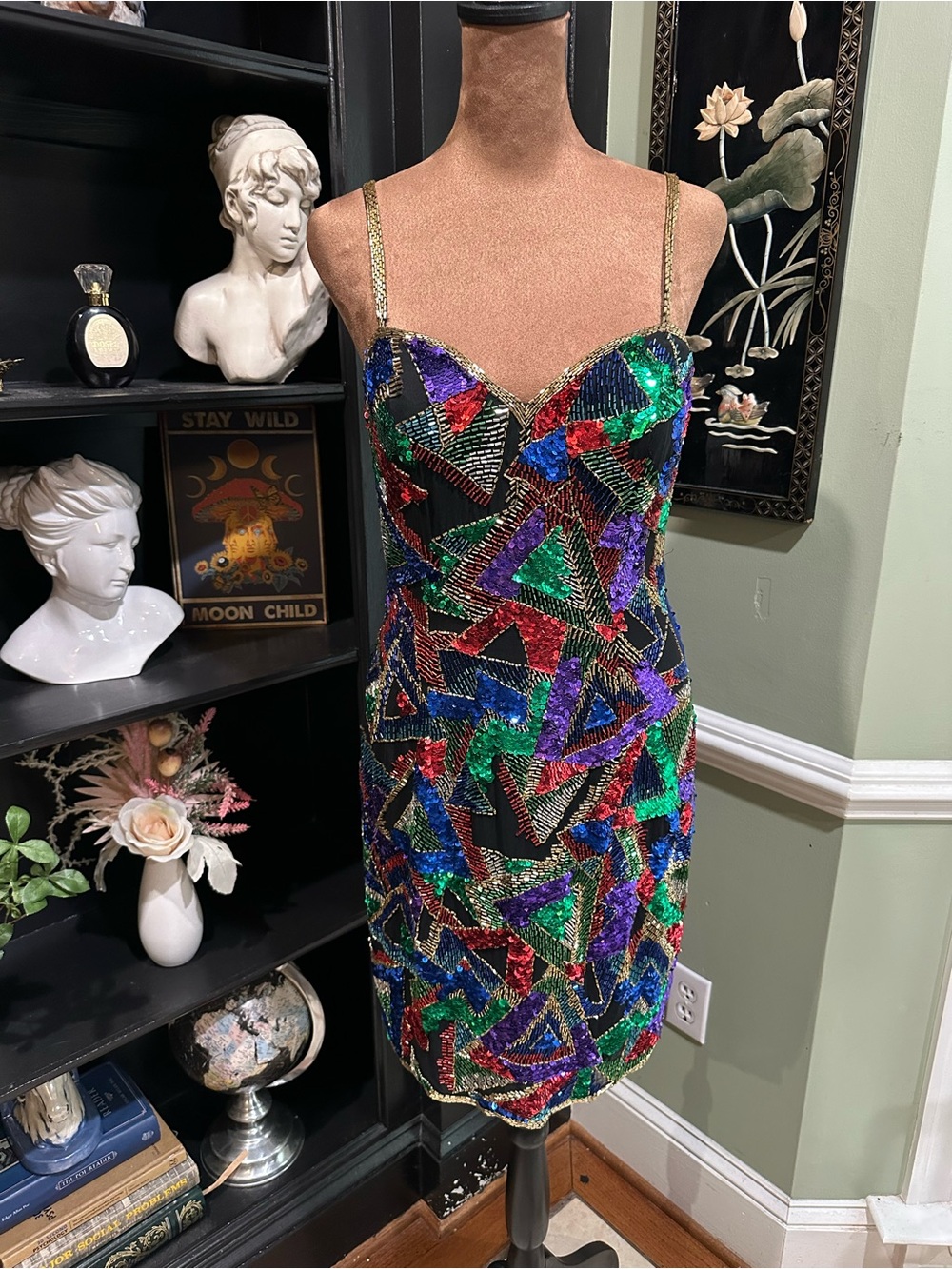 Vintage Lime “Nite” Full‑Sequin Mini Dress – Size 4 – Retro 90s Glam